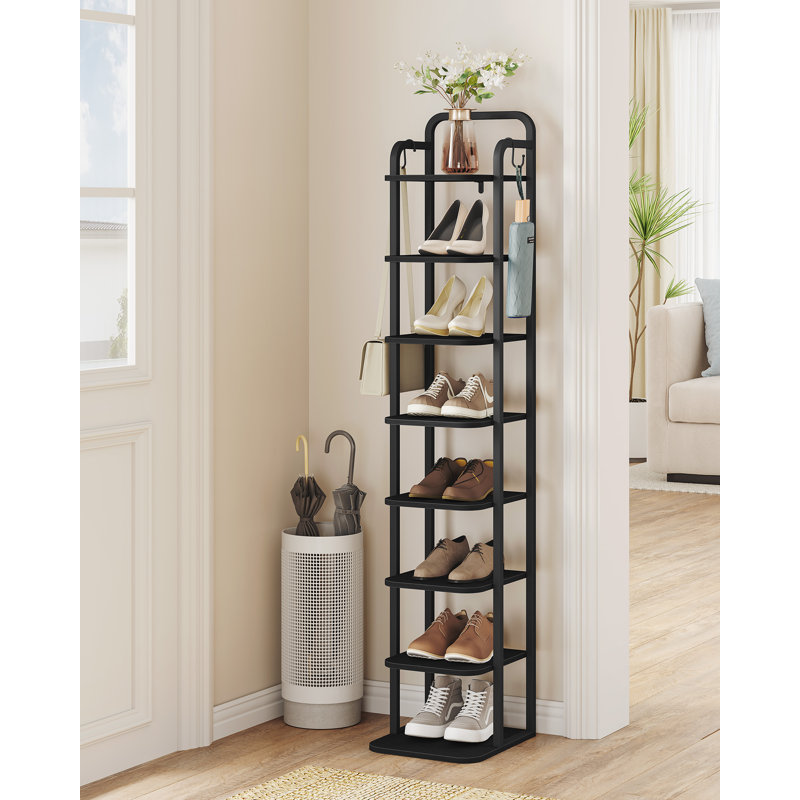 Range-chaussures vertical à 8 niveaux, tour à chaussures étroite, étagère à chaussures haute avec 2 crochets, tablettes réglables, étagères à chaussures de coin pour petits espaces, vestibule, salon, noir