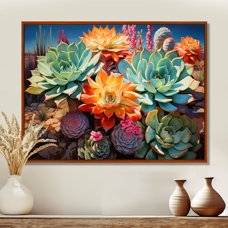 Succulentes vertes, orange, fleurs du désert II, H 34 po x l 44 po x P 1,5 po, Cadre flottant brun