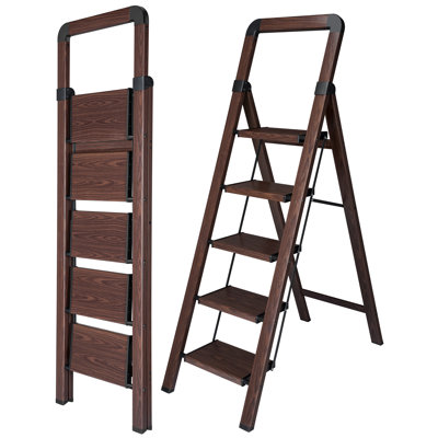 5-Step Aluminum Folding Step Ladder, 330 lbs Capacity, Anti-Slip Wide Pedals, Lightweight Step Stool for Home, Kitchen and Office, Walnut Wood Grain