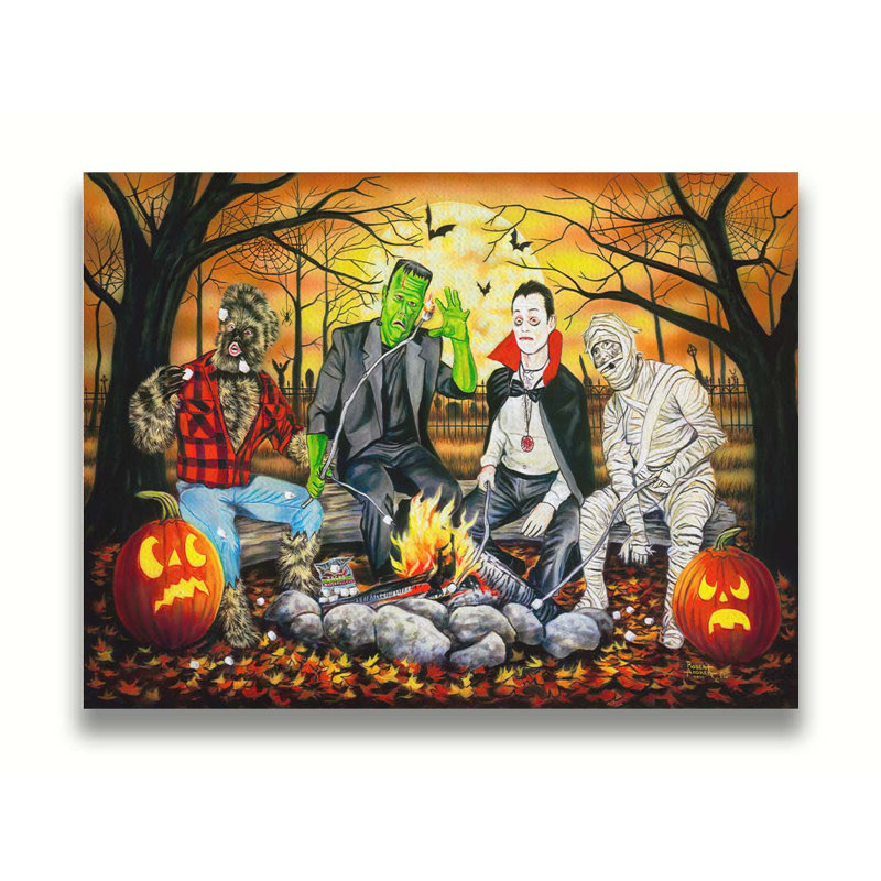 «Monster Marshmallow Roast» par Robert Andrea, H 12,5 po x l 16,5 po, Toile noire avec cadre flottant