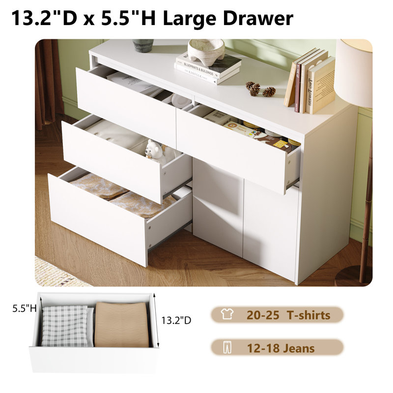 White Embossed Melamine Dresser 47 Inch With 4 Drawers 2 Doors