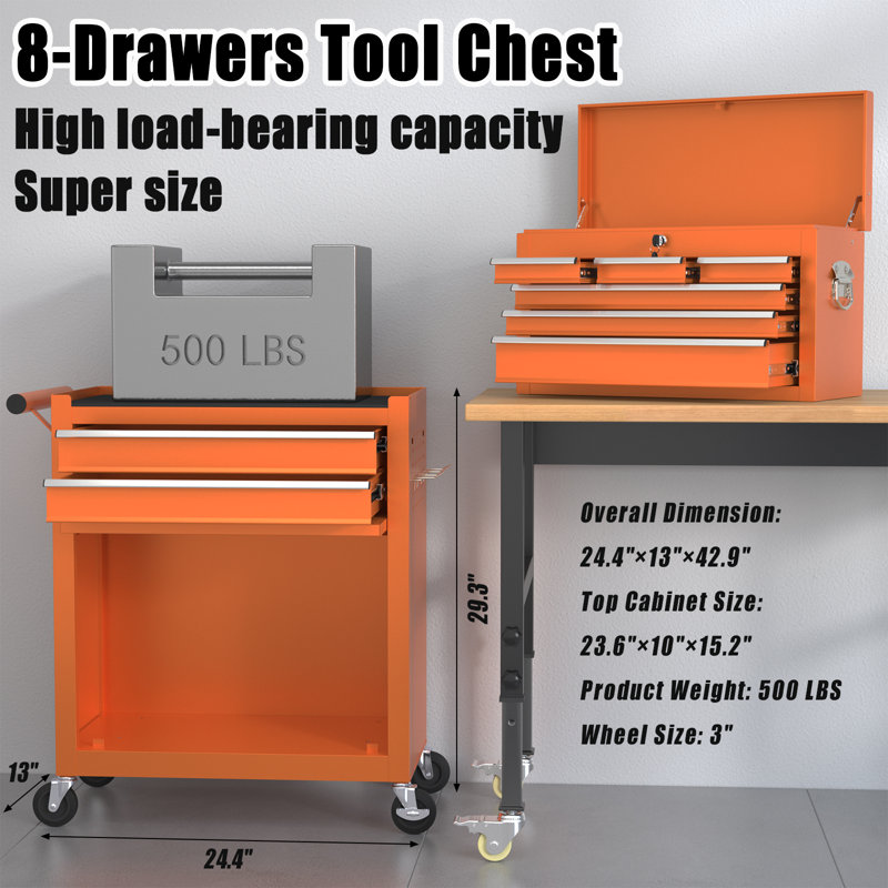 24.4'' W 8 -Drawer Steel with Wheels, Orange