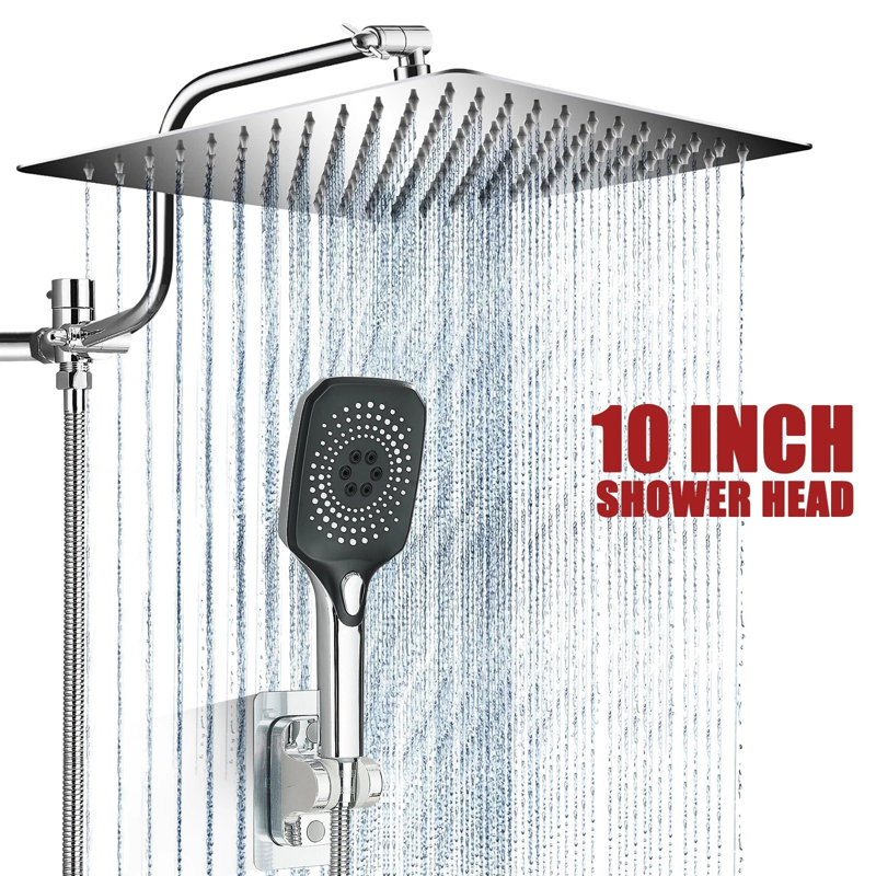 Pomme de douche à haute pression chromée 10 pouces avec bras réglable à main, Chrome chrome