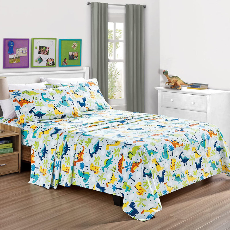 Fun Kids Teens Microfiber Sheet Set, Full Sheet Set with 2 Pillowcases, Blue/Green/White Dinosaurs
