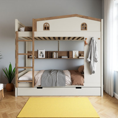 Lit superposé avec lit gigogne et tablettes de rangement, lits superposés en bois massif avec crochets, aucun sommier nécessaire