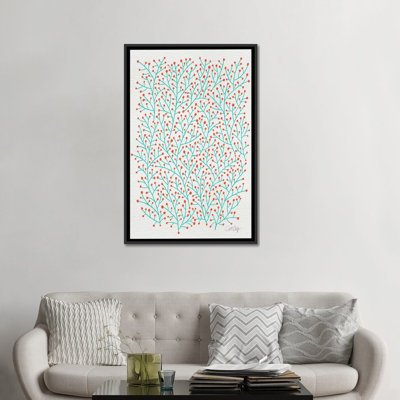«Berry Branches Red Turquoise» par Cat Coquillette - estampe numérique sur toile tendue avec châssis