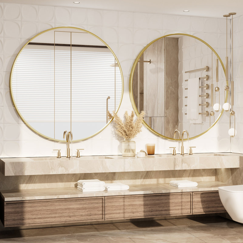 Molly Easy French Cleat Mounting Metal Alloy Wall Round Vanity And Dresser Bathroom Mirror, Gold, 40" x 40"
