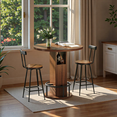 Ensemble de table de bar et de tabouret 3 pièces Ensemble de table de bar rond de 31,5 pouces avec deux tabourets. Bar de salle à manger compact en bois avec repose-pieds en métal. Idéal pour les restaurants, les cafés, les bars, les salons et les petits espaces