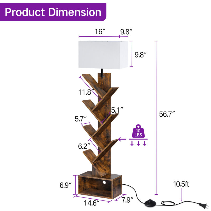 Bibliothèque 58 po avec télécommande Sindel et lampe sur pied à branches, Rustic Brown