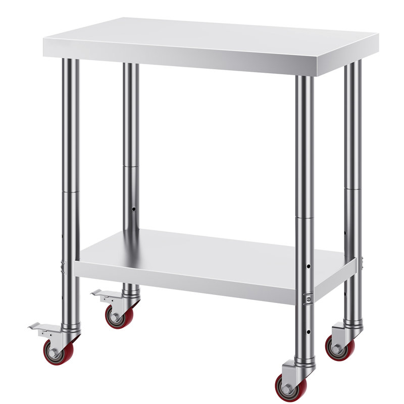 Table de travail robuste en acier inoxydable de 30 po x 18 po x 34 po avec tablette réglable à 3 niveaux et frein à roulettes pour la préparation des aliments dans la cuisine