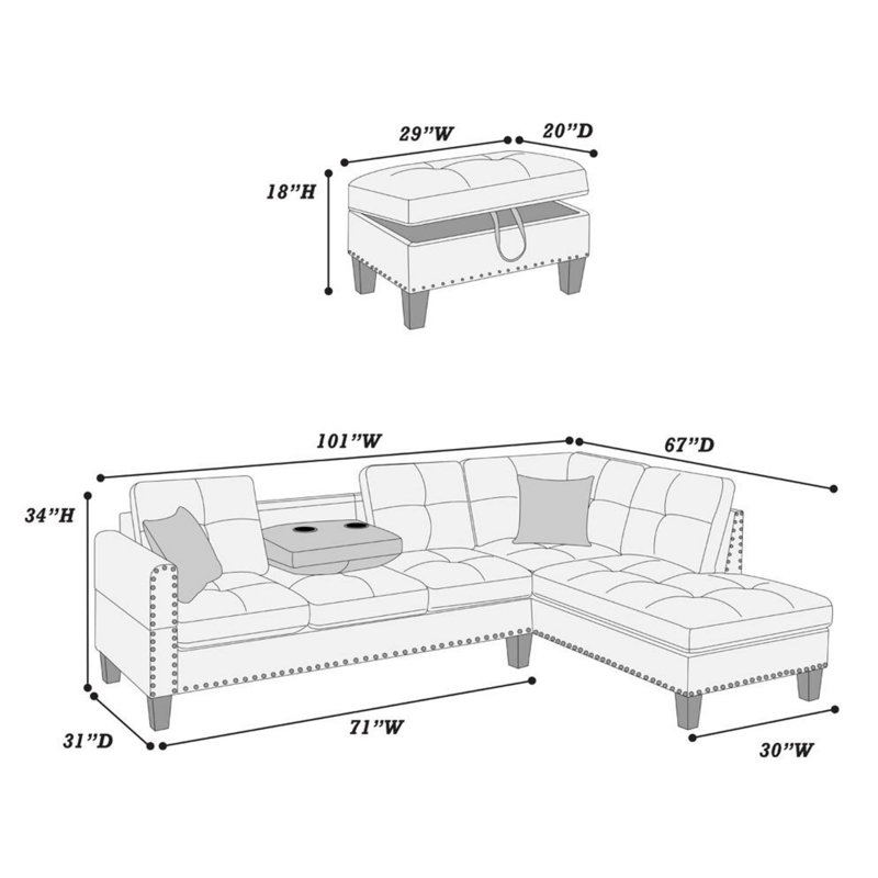 101" Wide Right Hand Facing Sectional Sofa & Chaise with Ottoman, Taupe Gray Linen Blend