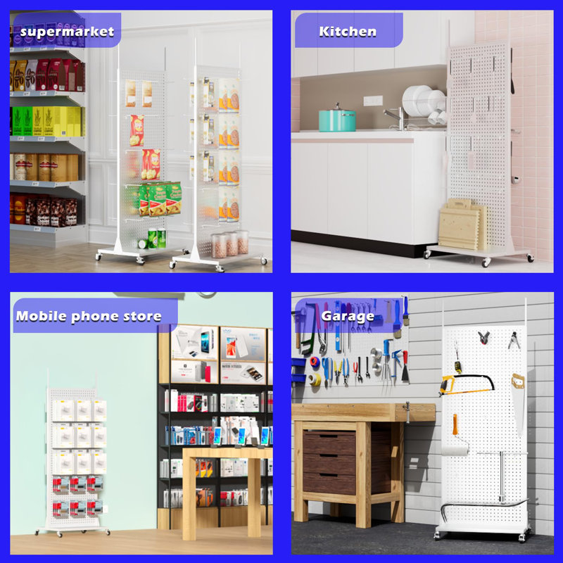 Metal Pegboard Panels - Double Sided Peg Board Shelving With 30 Hooks,63X23X15 In,Portable Peg Board Organizer For Diy, Kitchen Decoration,Mobile Phone Shop/White