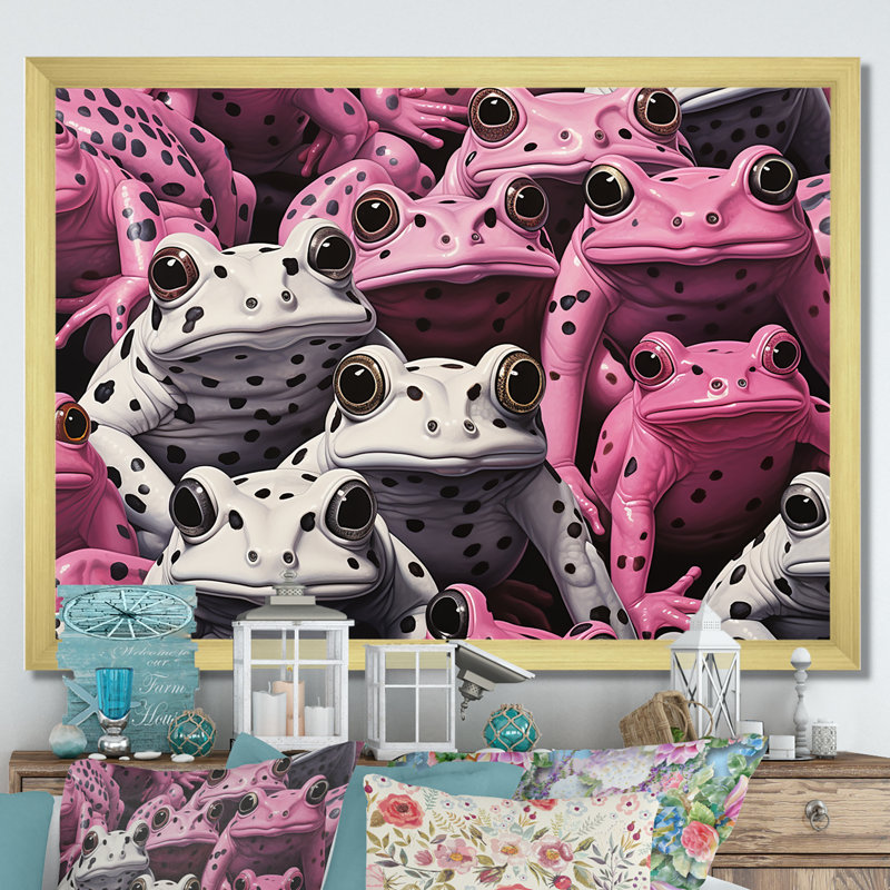 Grenouille blanche et rose Pop Art, H 16 po x l 32 po x P 1 po, Cadre doré simple