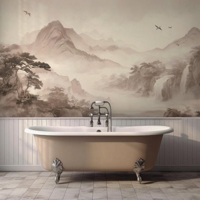 Asian Ink Mountain Landscape Wall Mural | Sepia Waterfall and Pine Wallpaper | Non-Woven or Peel and Stick