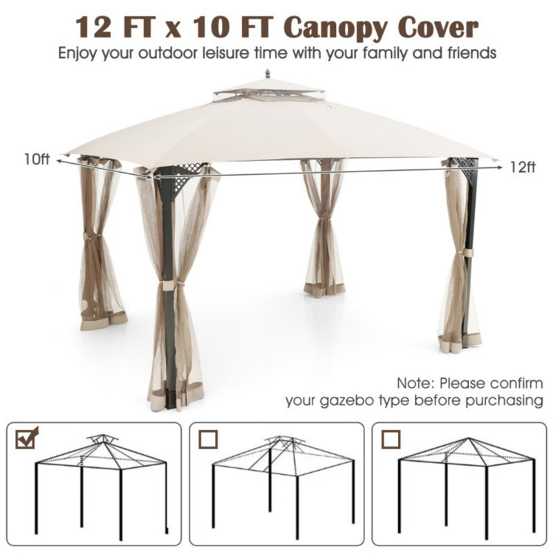 Dessus de remplacement de pavillon de jardin 10 x 12 pieds avec évent et trous de drainage, Beige