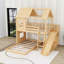 Lit superposé simple au dessus d'un lit double en bois avec tablettes, glissoire intégrée et garde-robe-129444410