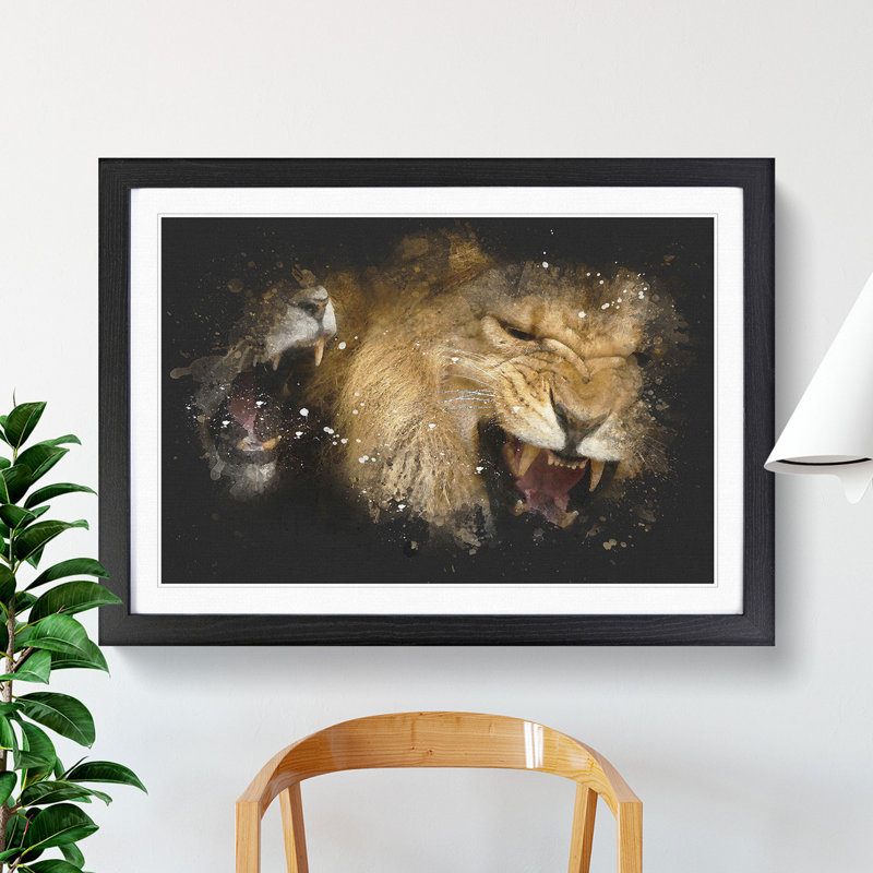 Two Lions - Picture Frame Graphic Art, 65cm H x 90cm W x 2cm D, Black