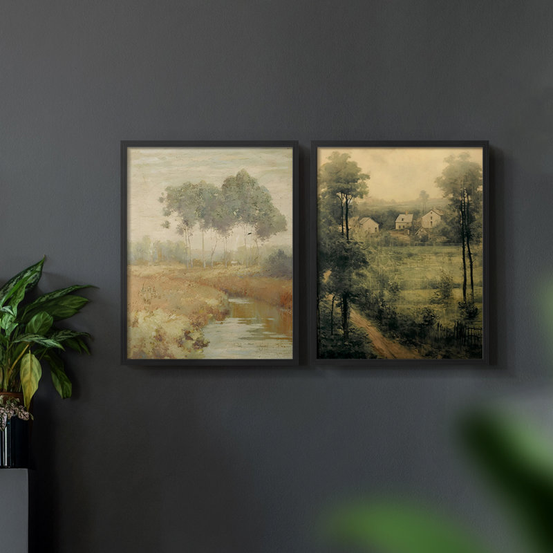 «Vintage Landscape LXI», impression giclée sur cadre - ensemble de 2, Noir, noir, noir, noir, H 9 po x l 22 po
