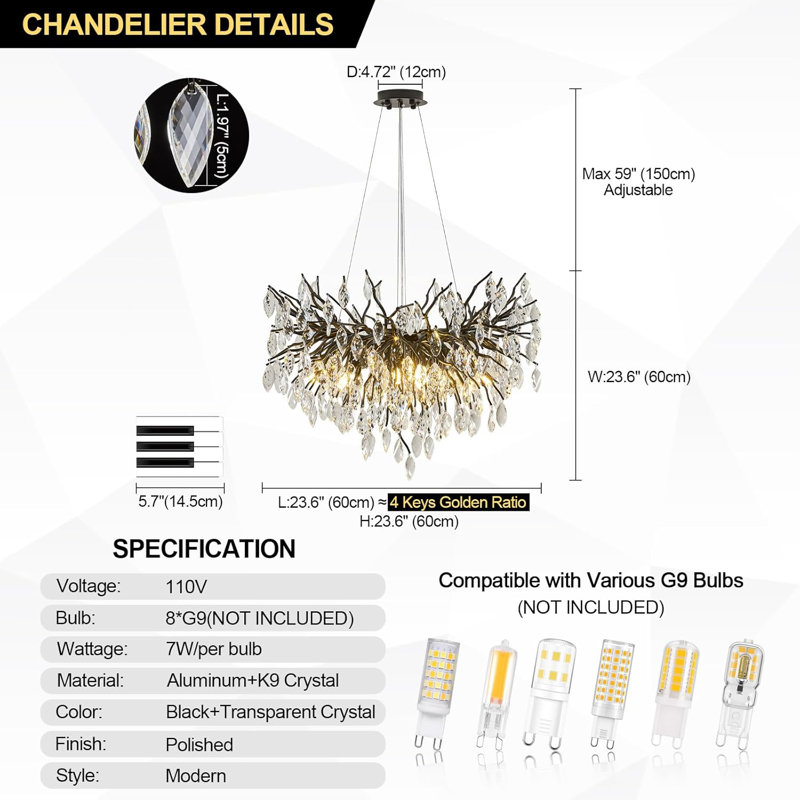 Modern Black Crystal Branch Chandelier, 23.6 Inch Round Metal Frame Pendant Lighting, Black, 8-Lights