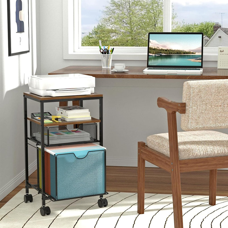 Rolling File Cart With 2 Storage Drawers, Wood & Mesh Hanging Fi...