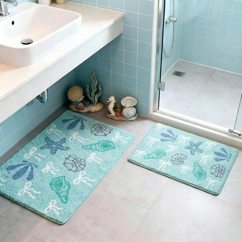 Ensemble de tapis de salle de bain 2 pièces, tapis de sol absorbant en flocage à thème de plage avec motif coquillage et étoile de mer, lavable à la machine, bleu sarcelle