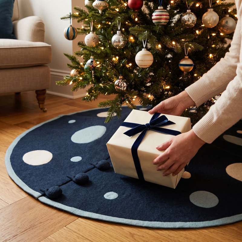 Jupe d'arbre de Noël faite à la main en laine feutrée à la main - pois bleus - 60 po