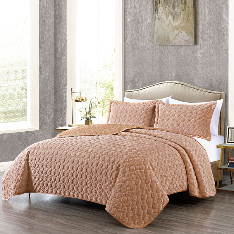 Lightweight Soft Octagon Stitched Jacquard Velvet Quilt Set , Twin Quilt + 1 Standard Sham, Orange