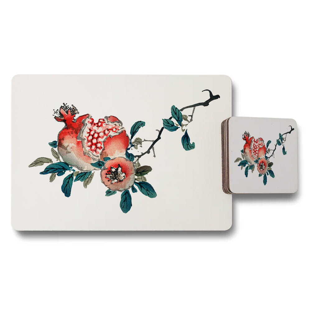 Floral Pomegranate Placemats And Coaster Set For Dinner Table Decor