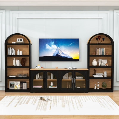 Wooden TV Stand Set with Arched Bookshelves, Tempered Glass Doors, and Adjustable Shelves