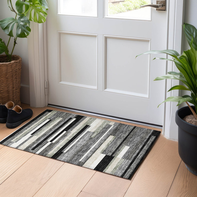 Premium Machine Washable Prisco Black Rug, Rectangle 1'8" x 2'6"