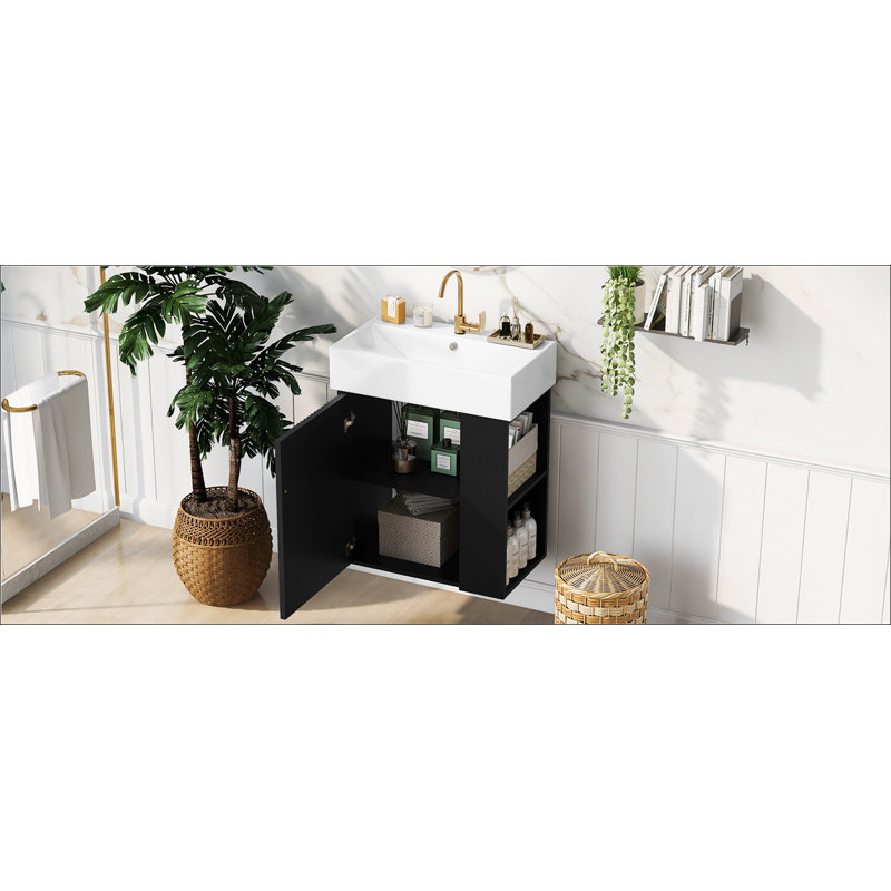 Meuble-lavabo flottant moderne de 21,6 po avec lavabo en céramique - parfait pour les petites salles de bain, rangement à droite