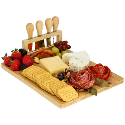  Charcuterie en bambou et plateau à fromage avec porte-couteaux et ensemble de couteaux 4 pièces