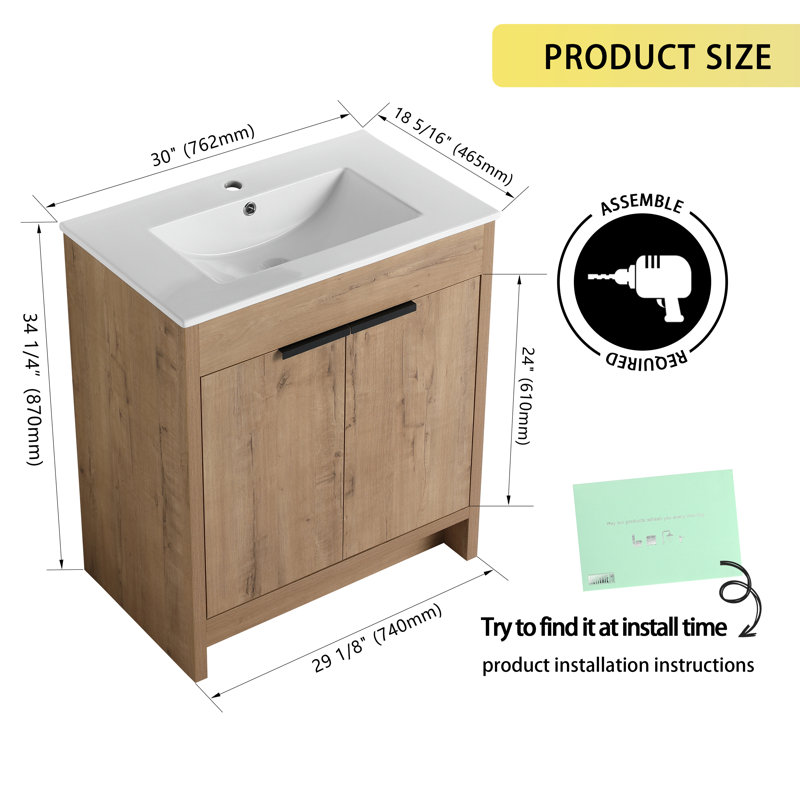 Meuble-lavabo sur pied simple en céramique avec plateau en céramique 30,06 po, Blanc