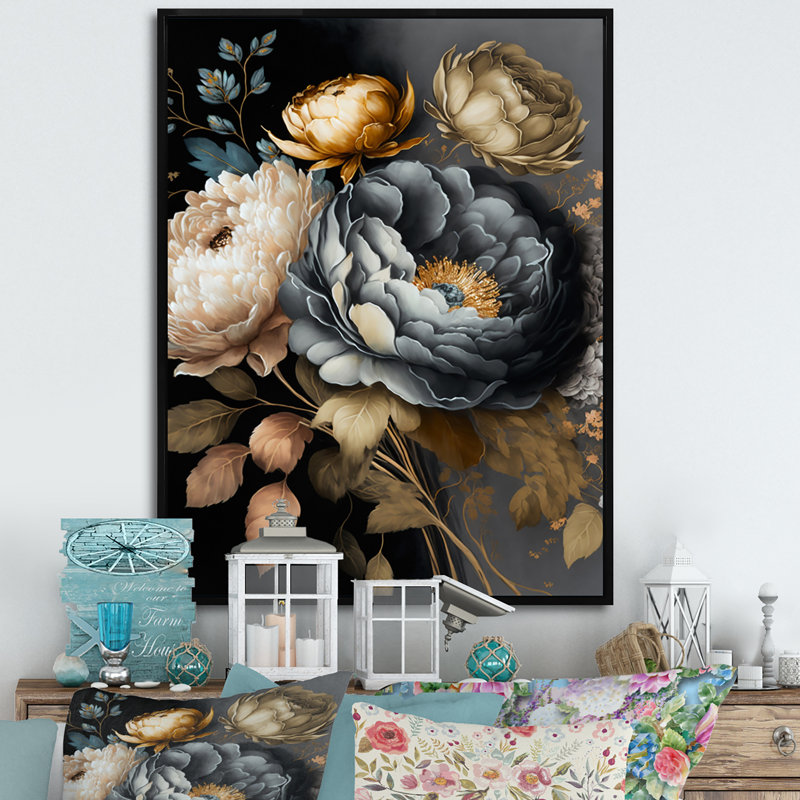 Bouquet de fleurs bleues III - Bouquet d'art mural pour le salon, L 34 po x H 44 po, Cadre flottant noir