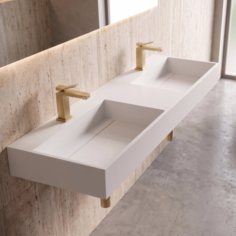 Juniper 60" Rectangular Modern Wall Mounted Bathroom Sink with Concealed Drain Plate - White, White, Single