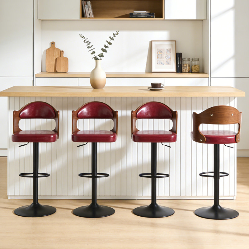 Modern Swivel Bar Stools Set Of 4, Wooden Upholstered Pu Leather Barstools With Back & Footrest, Counter Height Bar Chairs For Kitchen Island