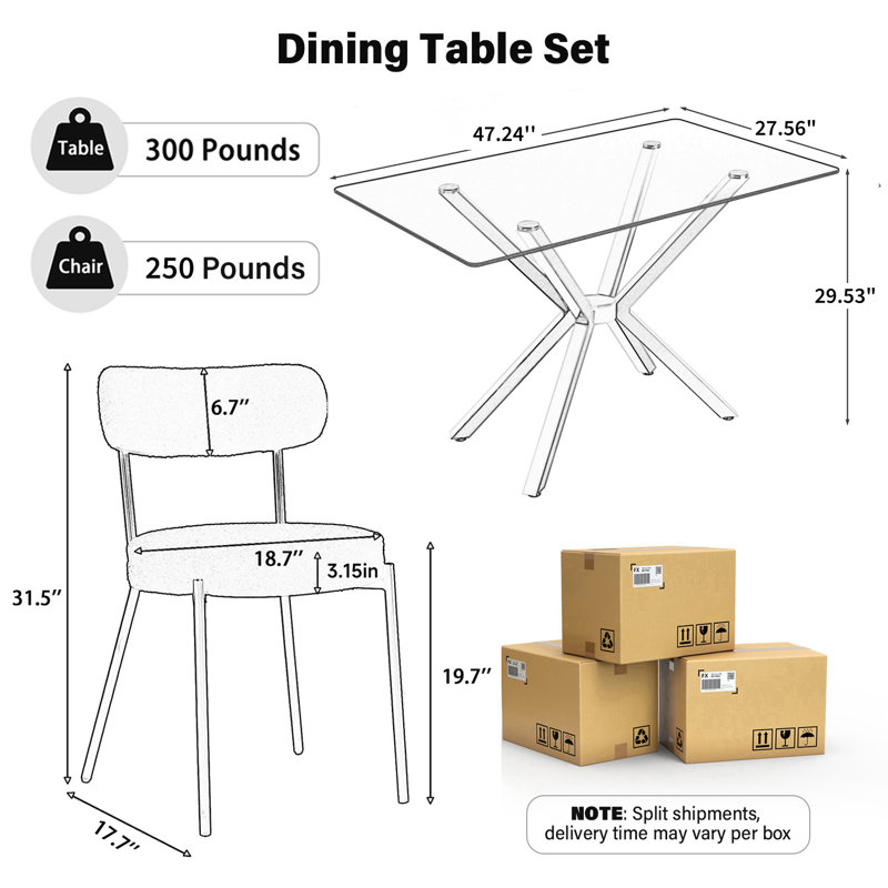 Ensemble de table de salle à manger en verre avec chaises en tissu Teddy, 1 table + 6 chaises, Doré, Rose