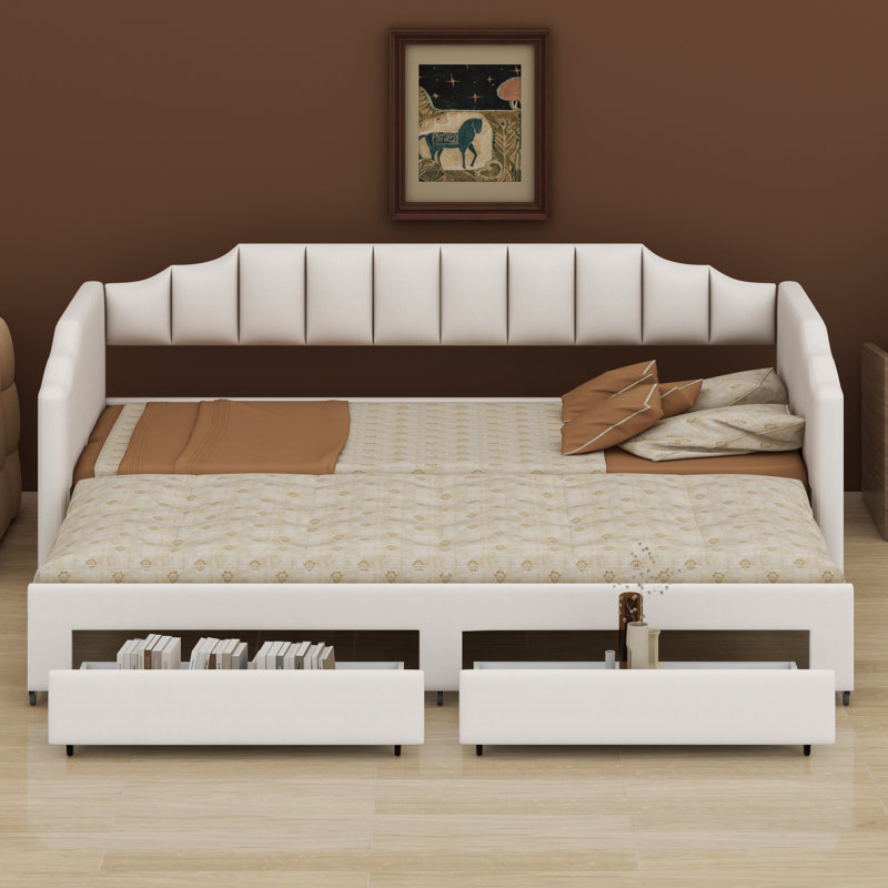 Lit de jour rembourré extensible avec deux tiroirs de rangement et lumière DEL, Beige