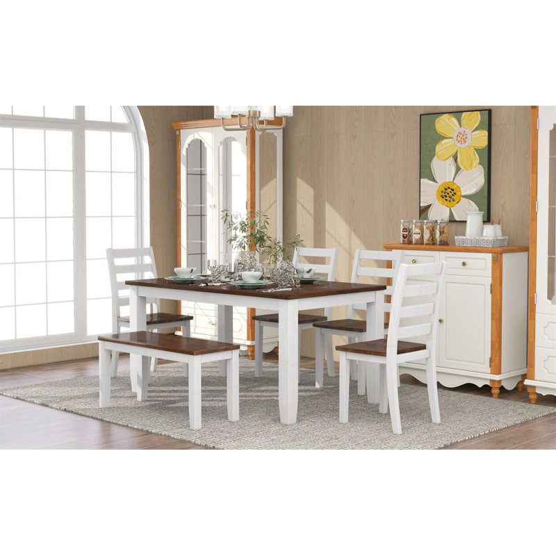 Rustic Walnut Rectangular Dining Table Set with 4 Chairs and Bench