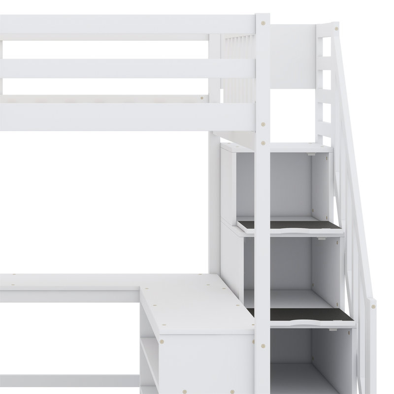 Lit mezzanine avec bureau intégré en forme de L et tablettes de rangement à trois niveaux, et escalier de rangement attaché