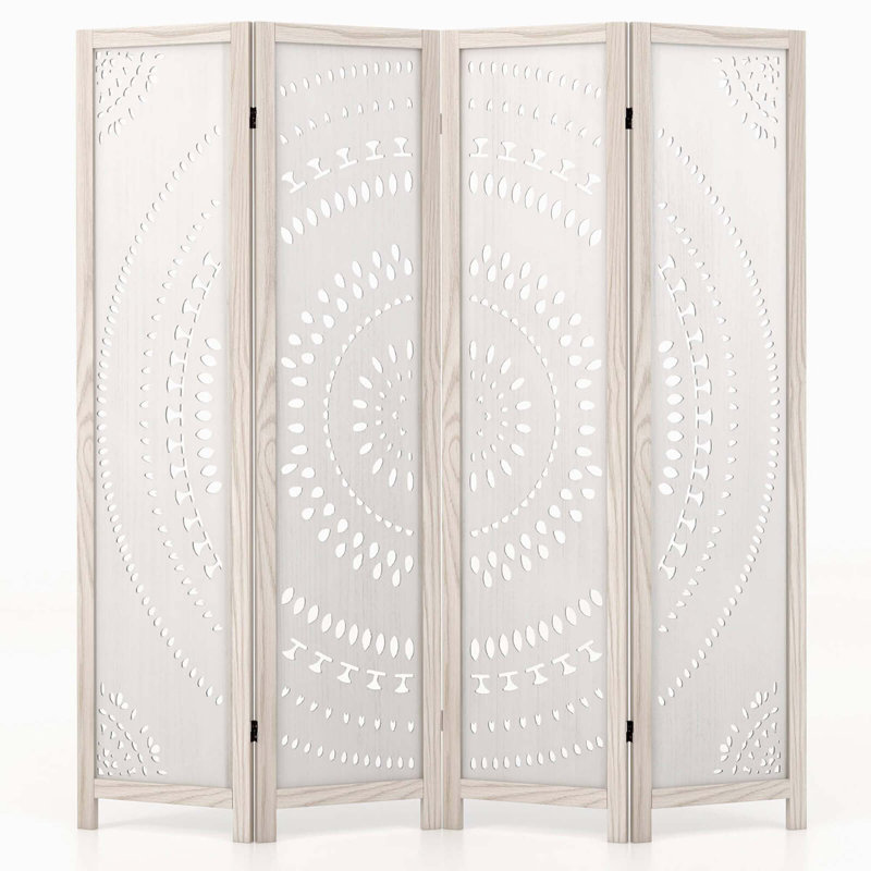  66" Boho 4-panel Room Divider With Carved Pattern & Solid Wood Frame 360° Hinges