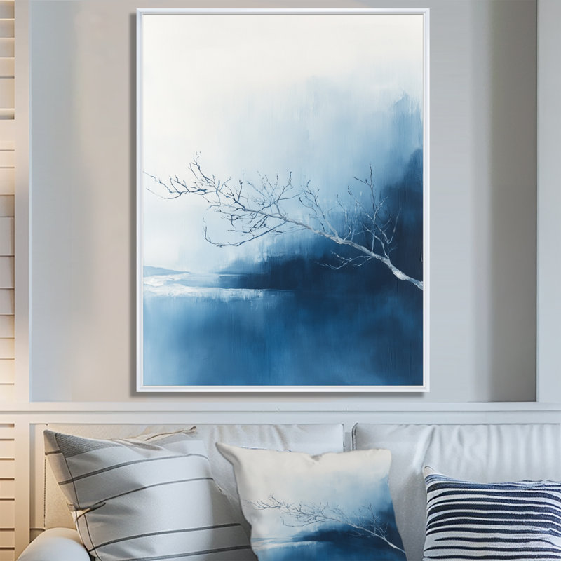 Branche nue au-dessus de l'eau bleue - Tableau minimaliste encadré, H 20 po x l 12 po, Cadre flottant blanc