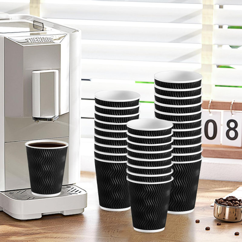 Tasses à café jetables, paquet de 100 tasses à café en papier de 100 oz pour boissons chaudes ou froides, gobelet ondulé à paroi ondulée (noir)