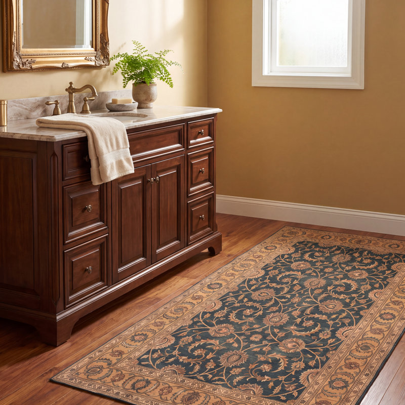 Tapis Bracken2 traditionnel à motif floral intégral or, vert, crème et ivoire, lavable à la machine, antidérapant, à poils courts, pour l'intérieur et l'extérieur, adapté aux animaux domestiques, idéal pour le salon, la chambre, la salle à manger, l'entrée, le couloir ou le bureau.