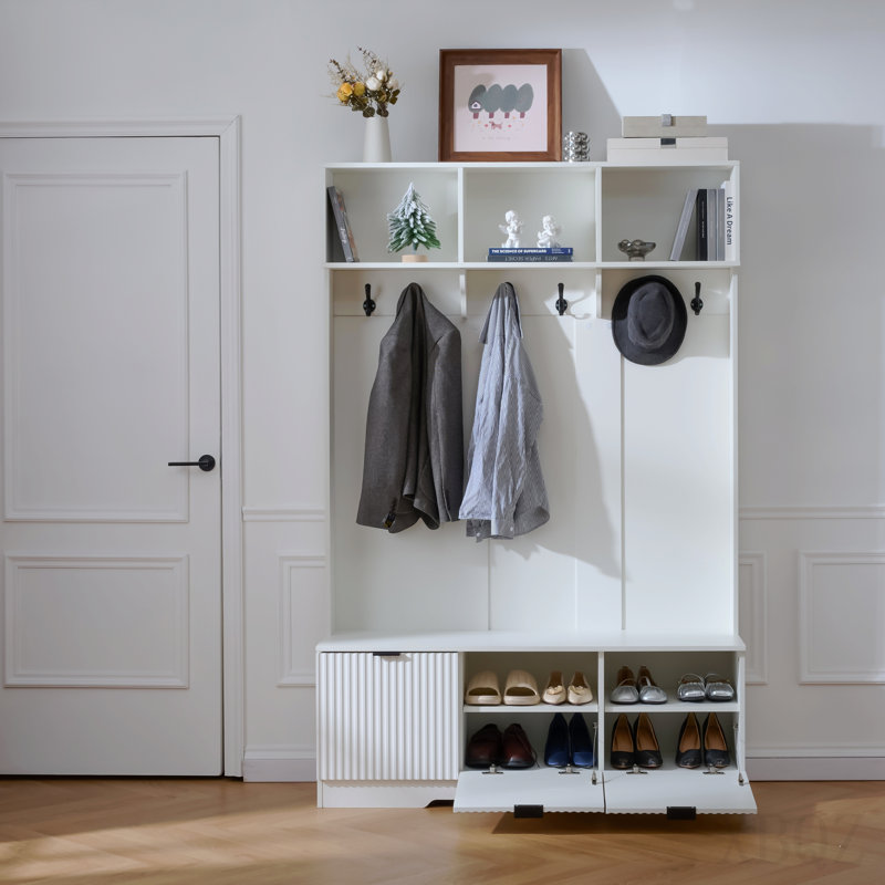 49.6 " 5-In-1 Hall Tree With Bench, Shoe Storage & 3 Open Storage Cabinets, Farmhouse Hall Tree With High Gloss Fluted Doors For Hallway Living Room