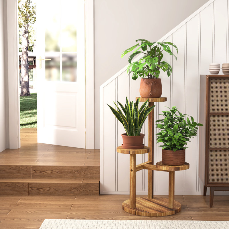 Support pour plante ronde en bois à 3 niveaux, grande tablette d'angle pour le salon intérieur / extérieur, patio, balcon