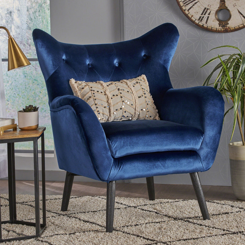 Fauteuil à oreilles rembourré, Bleu marine, Noir, H 39,72 po x l 28,47 po x P 34,26 po