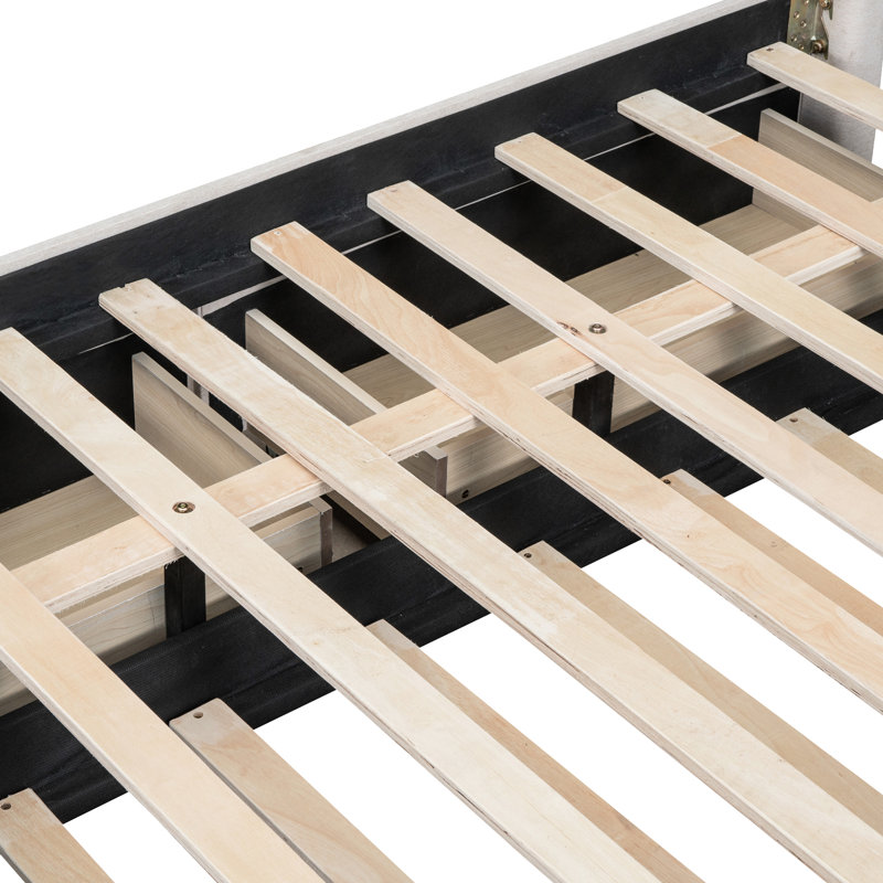 Lit plateforme tapissier beige avec 2 tiroirs et 1 lit gigogne simple, tête de lit classique, fabrication en contreplaqué massif, espace de couchage de rangement supplémentaire, assemblage simple et structure en bois robuste, maximise l'espace