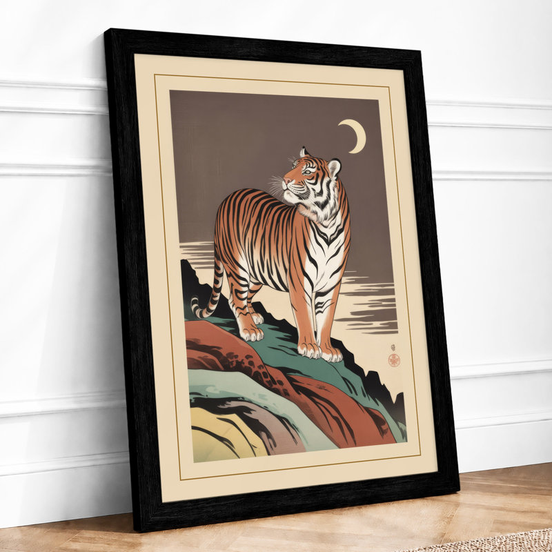 Tiger at Moonrise Japandi - Framed Print, A4 - 29.7 x 21.0 cm, Black
