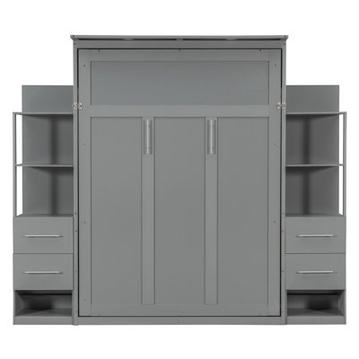 Full Size Murphy Bed Wall Bed with Shelves, Drawers and LED Lights
